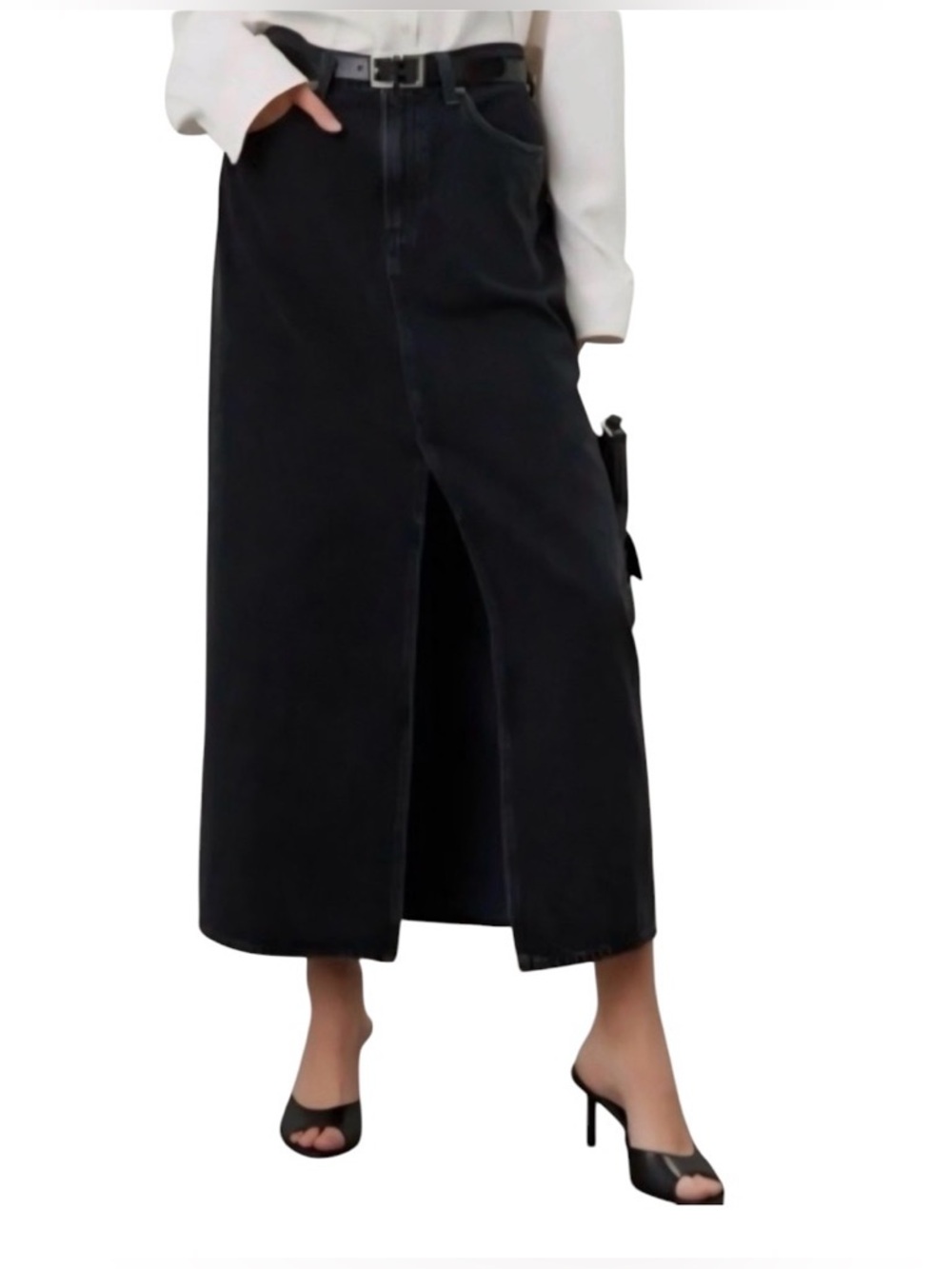 Lucky Brand Black Denim Maxi Skirt with Front Slit Size 4/27